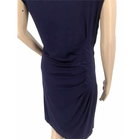 Catherine Maladrino Midi Sheath Dress L Cap Sleeve Embroidery Navy Blue Stretchy - Picture 5 of 9